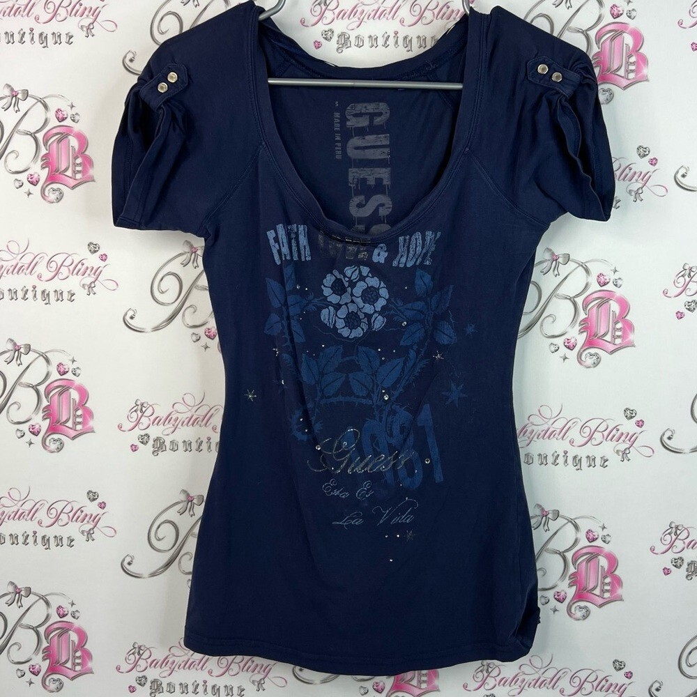 Guess tshirt tee sparkles y2k button sleeve Women's Dark Blue Graphic Tee